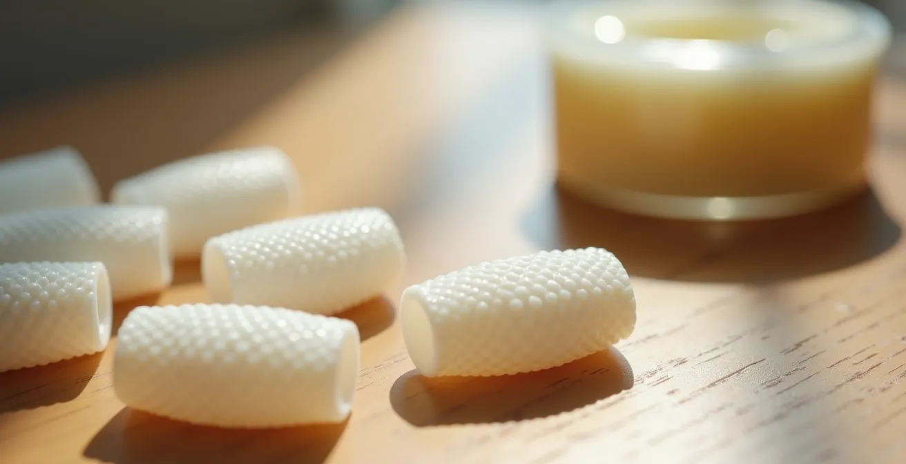 A close-up of white silicone aligner chewies, a tool for pain relief, on a wooden desk.