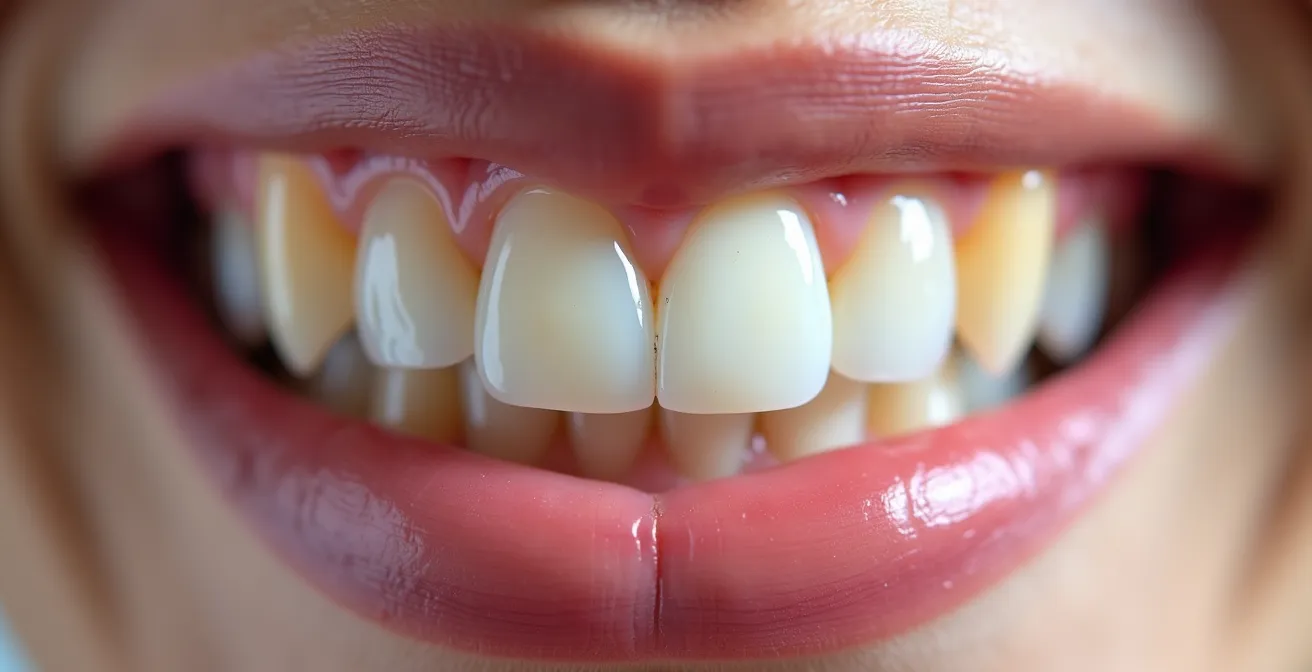 Split view showing genuine dental implant transformation with natural gingival architecture