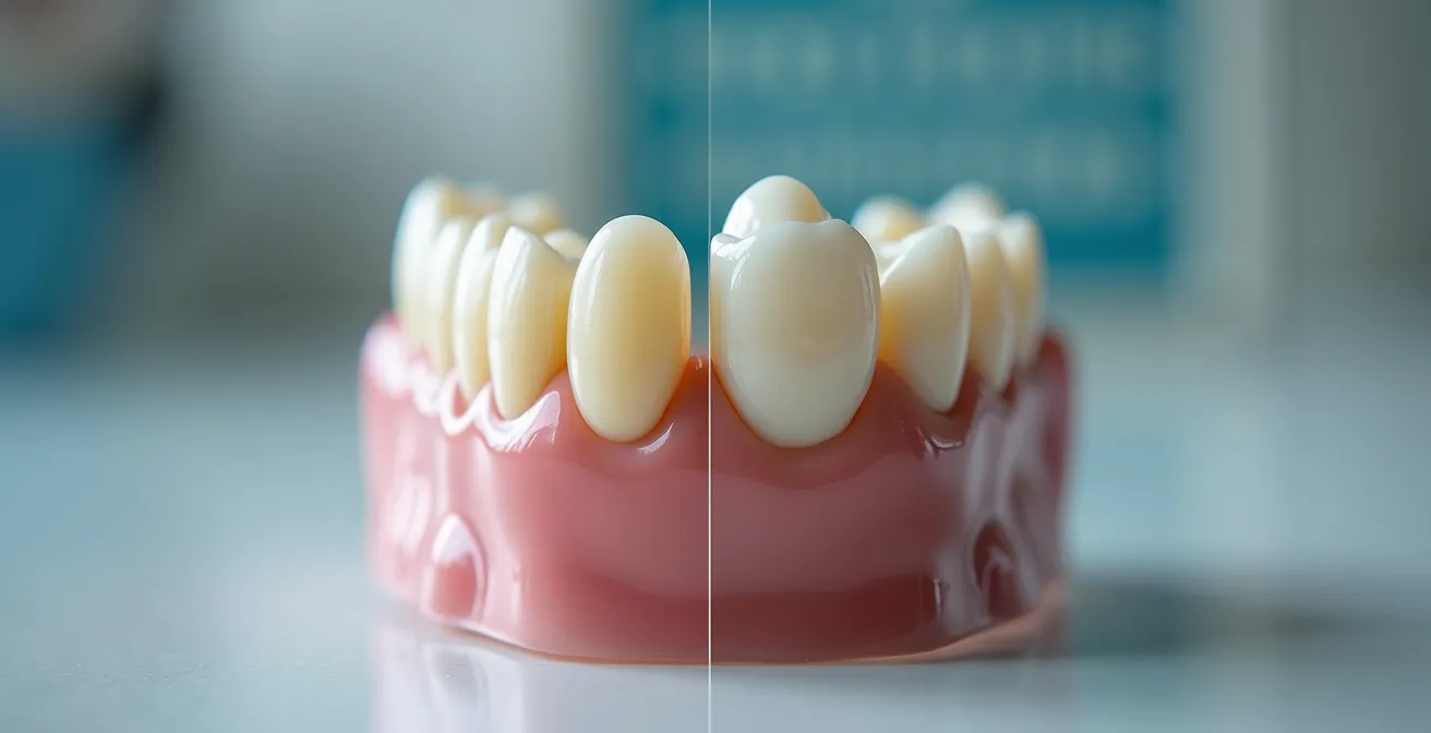 Macro photography comparing the minimal tooth preparation for a ceramic onlay versus the more extensive reduction for a dental crown.