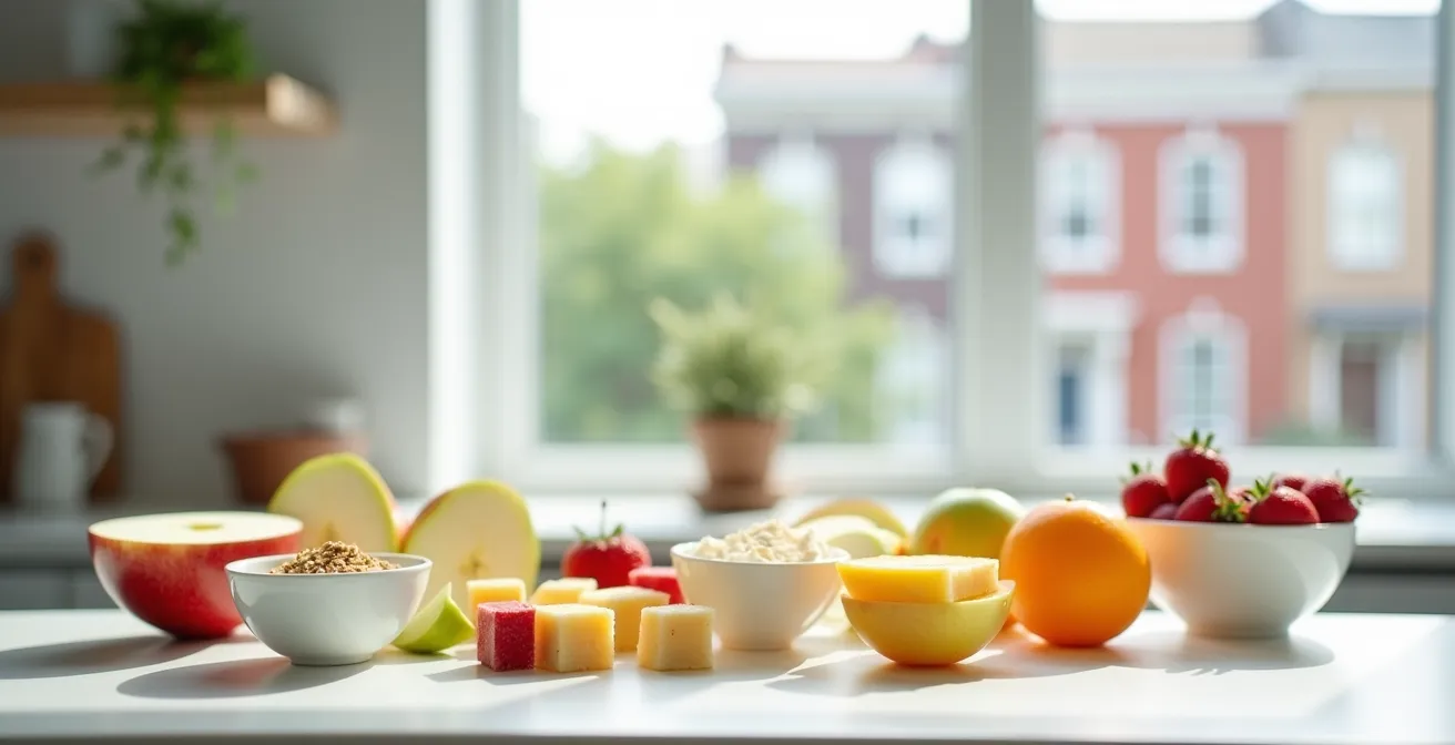 Array of colourful cold snacks suitable for children after fluoride varnish treatment on a counter with Montreal row houses in the background