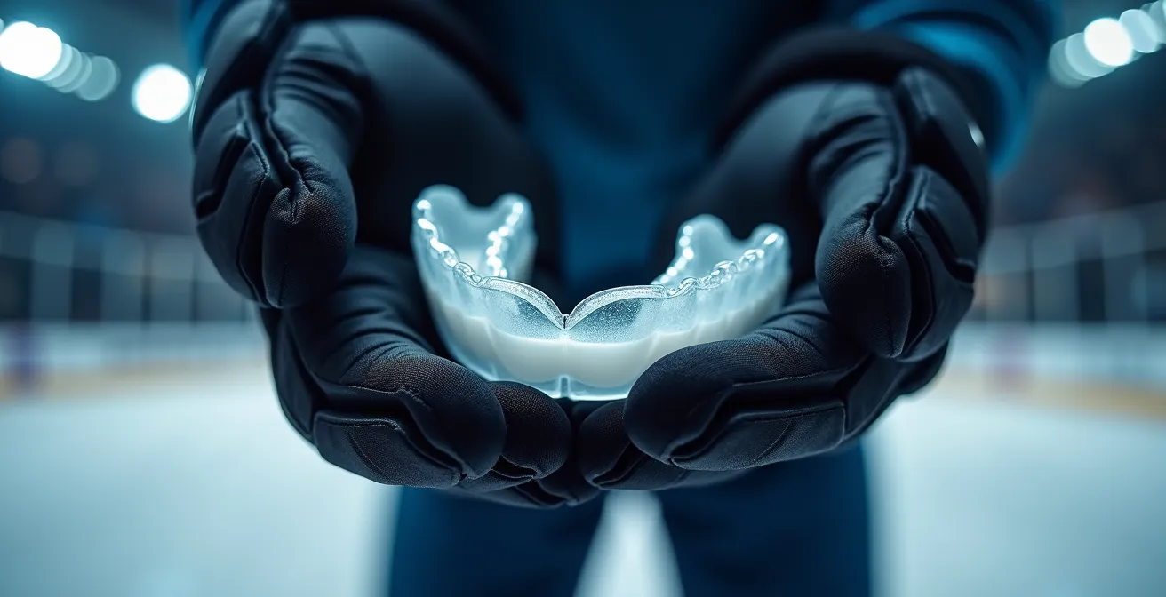 A professional sports mouthguard resting on hockey gloves, symbolizing dental protection in sports