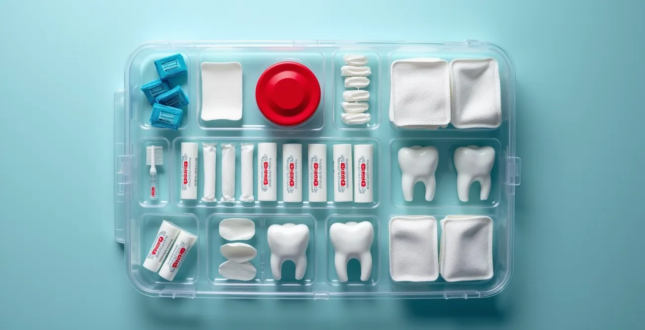 Overhead view of organized dental emergency kit with medical supplies neatly arranged in compartments
