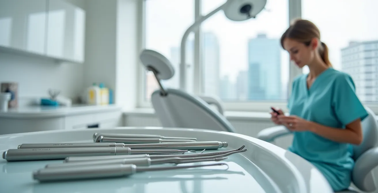Wide angle view of modern dental treatment room with professional hygienist preparing instruments