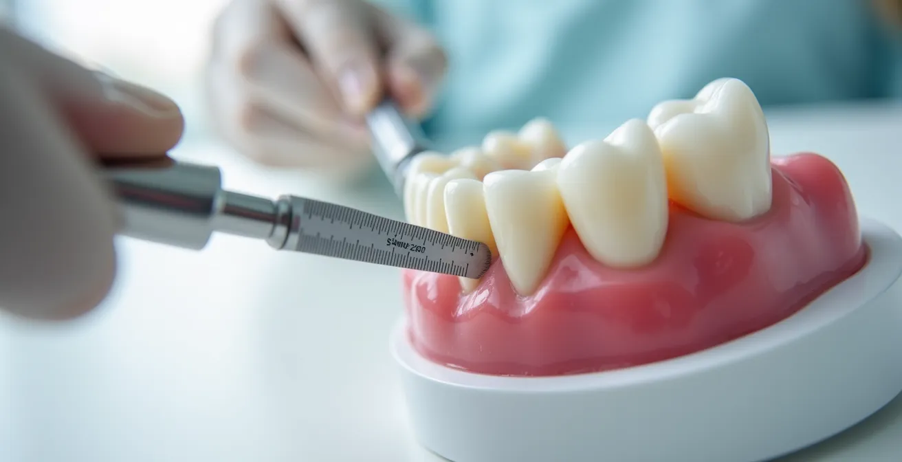 Macro view of dental hygienist's tools measuring gum pocket depth