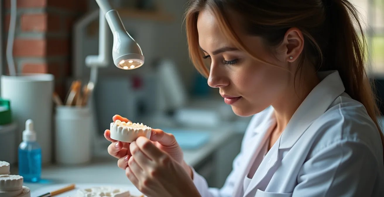 Dental laboratory technician crafting custom porcelain crown with artistic precision