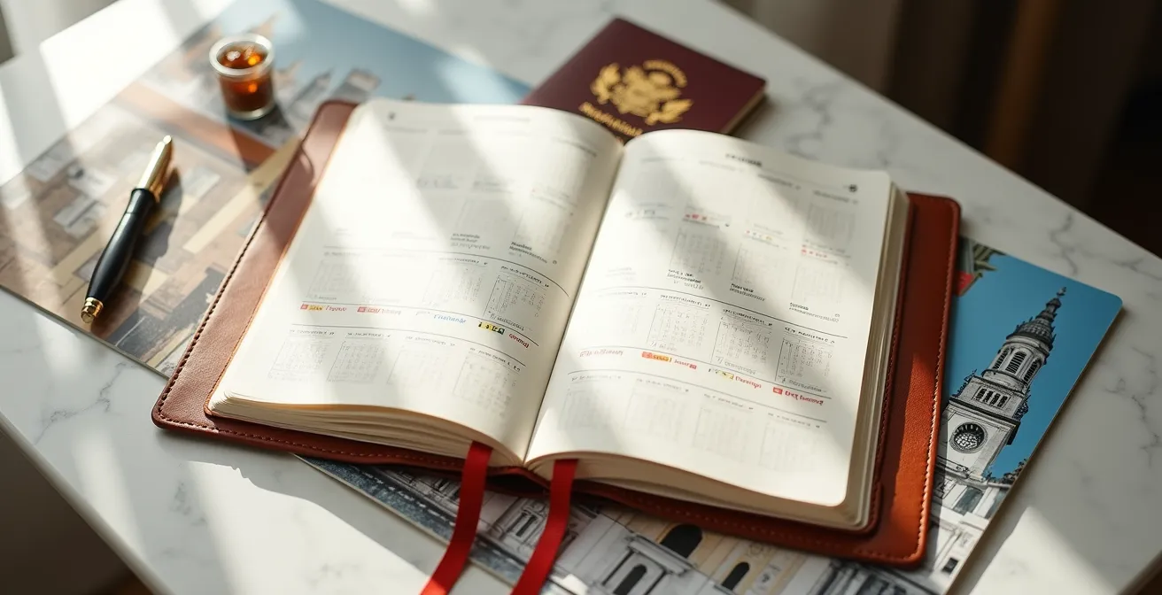 Elegant calendar spread showing dental appointment timeline with Montreal landmarks