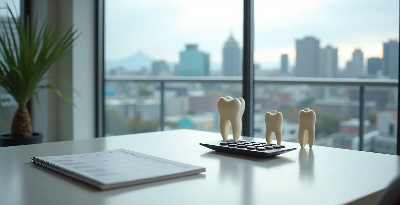 A modern Montreal dental consultation room with a desk showing abstract calendar shapes and dental models, symbolizing financial and treatment planning.