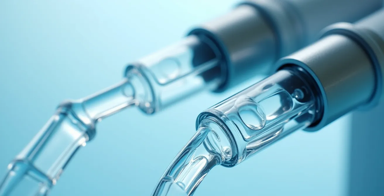 Close-up view of dental unit waterline maintenance system showing biofilm prevention