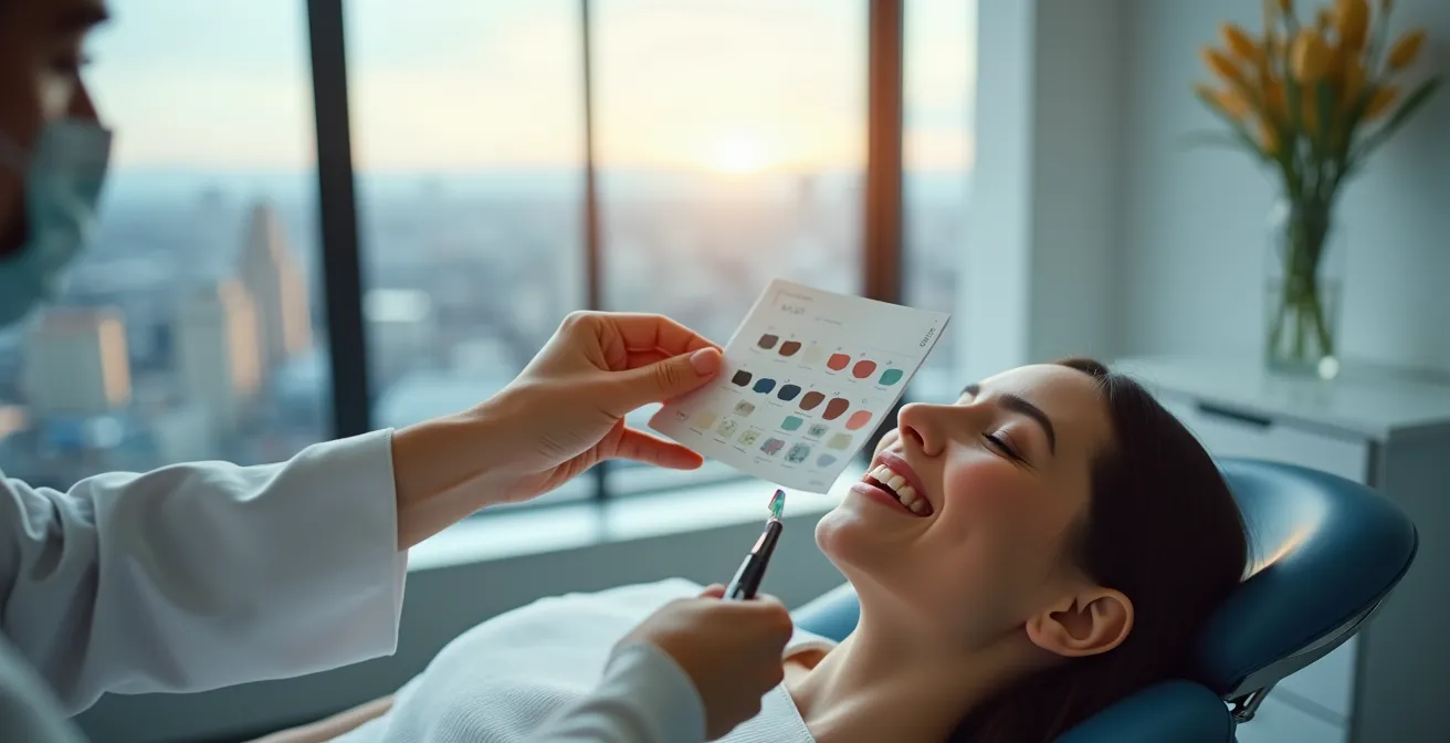 Dental professional matching crown shade under various lighting conditions