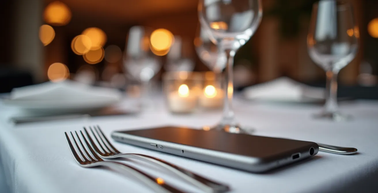 An elegant, slim aligner case rests discreetly on a fine dining restaurant table setting in Montreal.