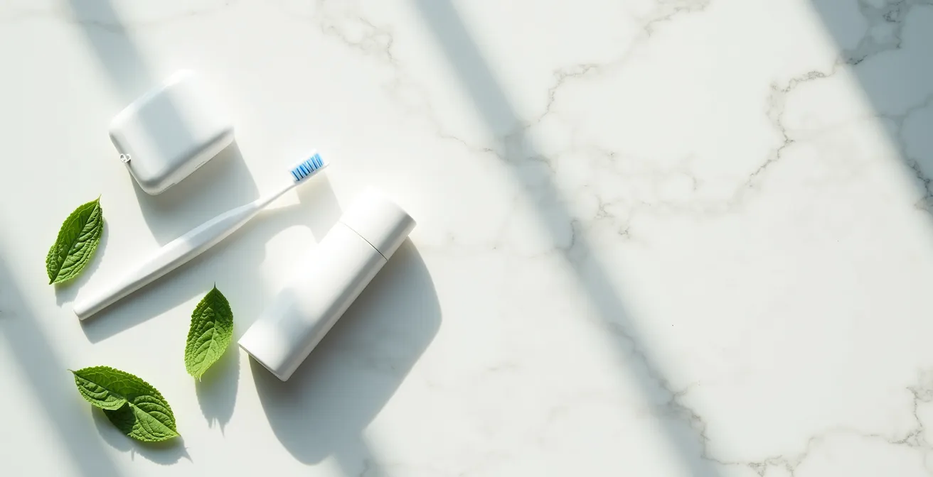 Compact travel dental kit with essential items arranged neatly