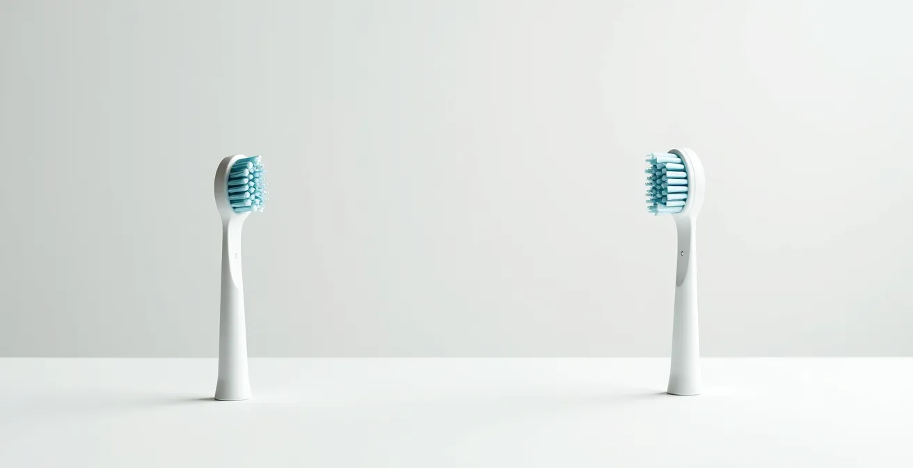 Side-by-side comparison of a worn sonic toothbrush head with splayed bristles versus a fresh soft manual brush
