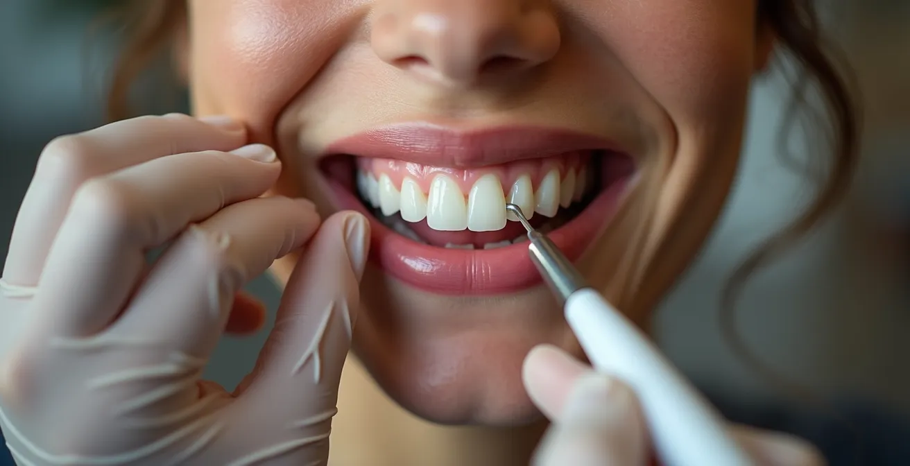 Close-up of dental assessment showing gingival thickness measurement for implant planning