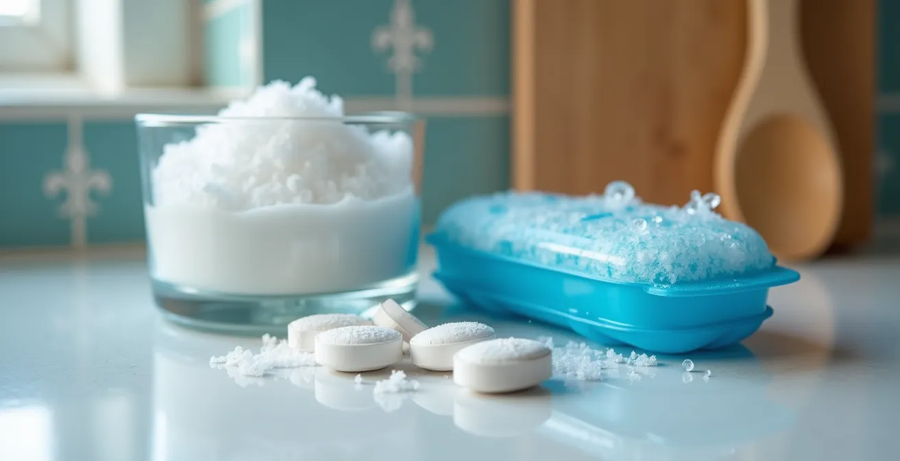 Macro shot of natural pain relief items including ice pack, salt water rinse materials, and over-the-counter pain medication
