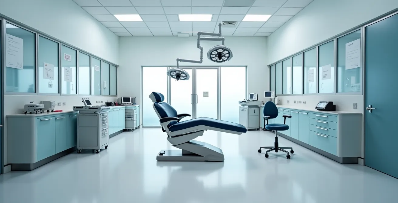 Hospital surgical suite prepared for oral maxillofacial procedure with medical equipment