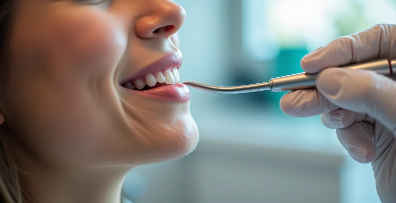 Side view of inflamed gum tissue during professional dental cleaning showing natural healing response