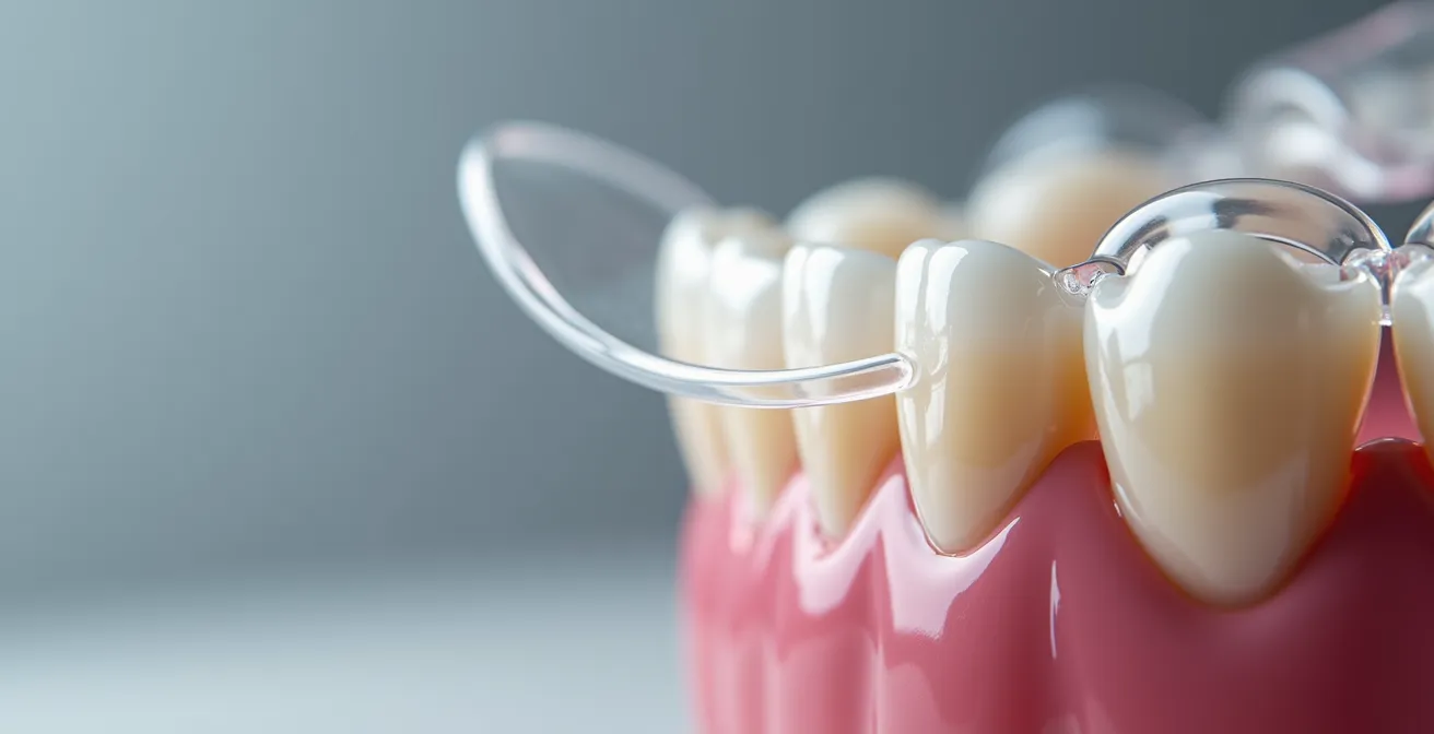 Extreme close-up showing clear aligner attachment gripping tooth surface