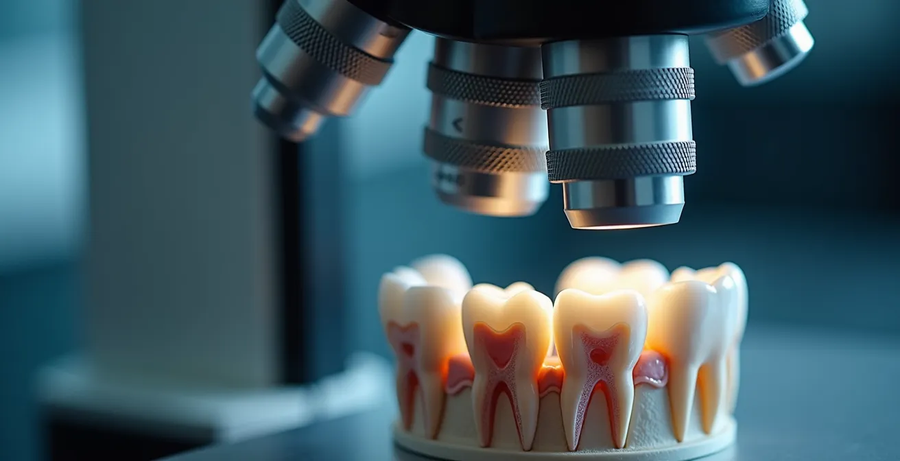Extreme close-up of surgical microscope lens viewing tooth canal system