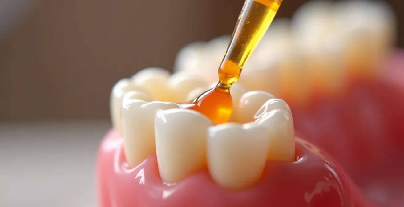 Extreme close-up of clear fluoride varnish being applied to tooth enamel with a soft brush