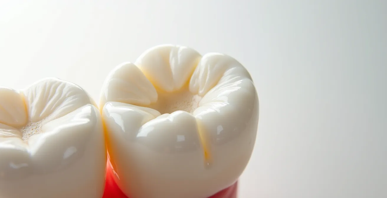 Extreme close-up of tooth enamel surface showing natural wear patterns and texture details