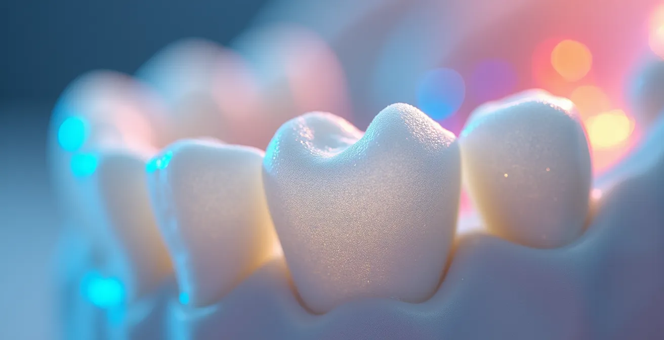 Extreme close-up of pristine ceramic crown surface showing bonding texture