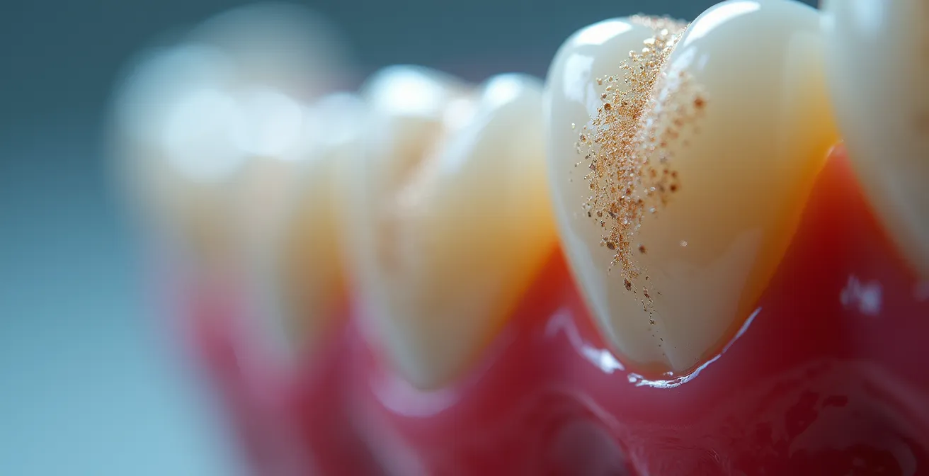 Extreme close-up showing microscopic scratches on tooth enamel surface with bacteria beginning to accumulate