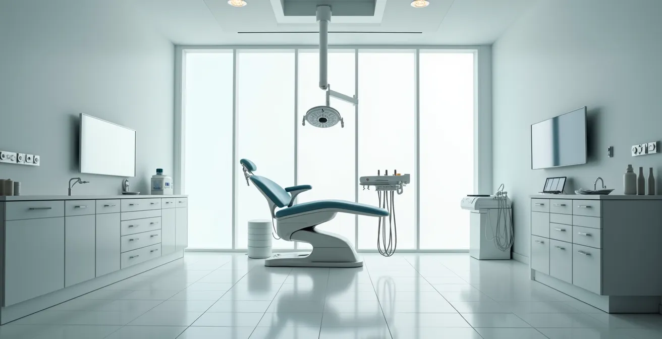 Wide view of modern Montreal dental surgery suite with advanced equipment in soft focus