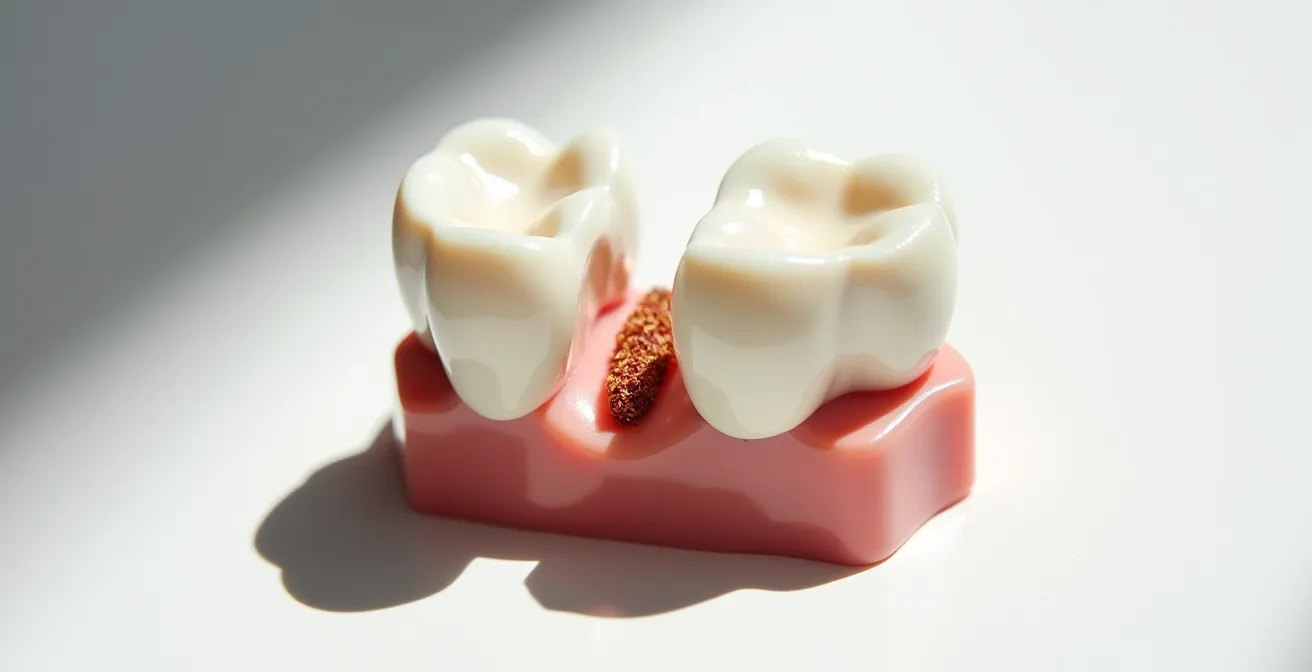 Cross-section view of molars showing how food gets trapped between teeth