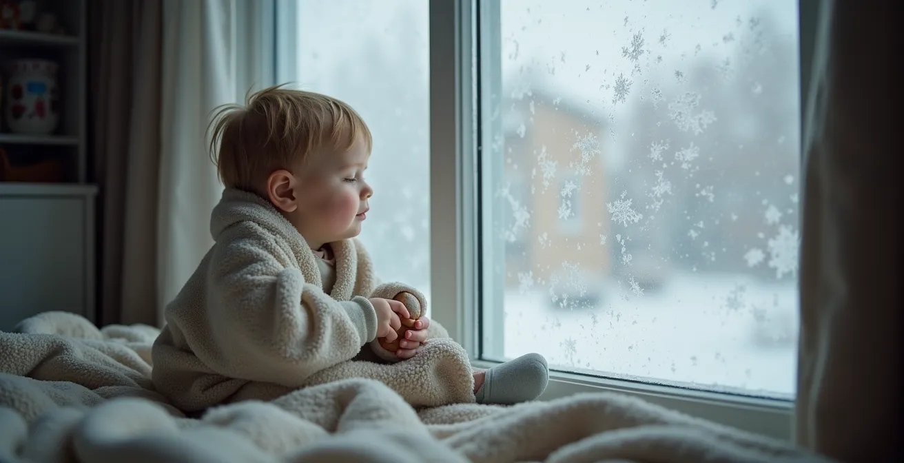 Child in cozy Montreal winter setting showing comfort-seeking behavior