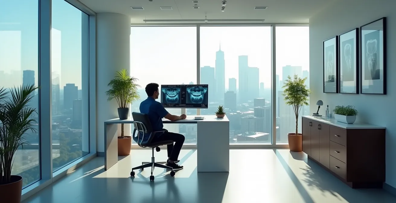 Dentist reviewing patient dental records during virtual assessment for Montreal dental tourism