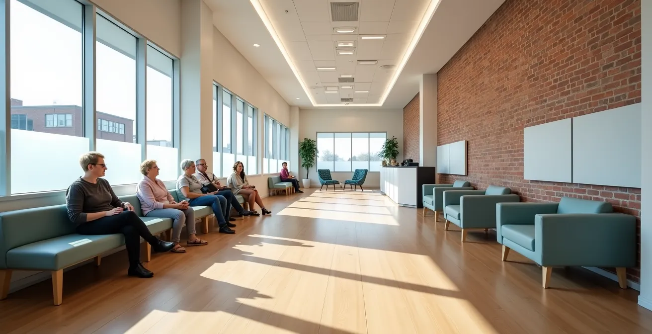Wide view of Montreal community dental clinic welcoming space with diverse seniors