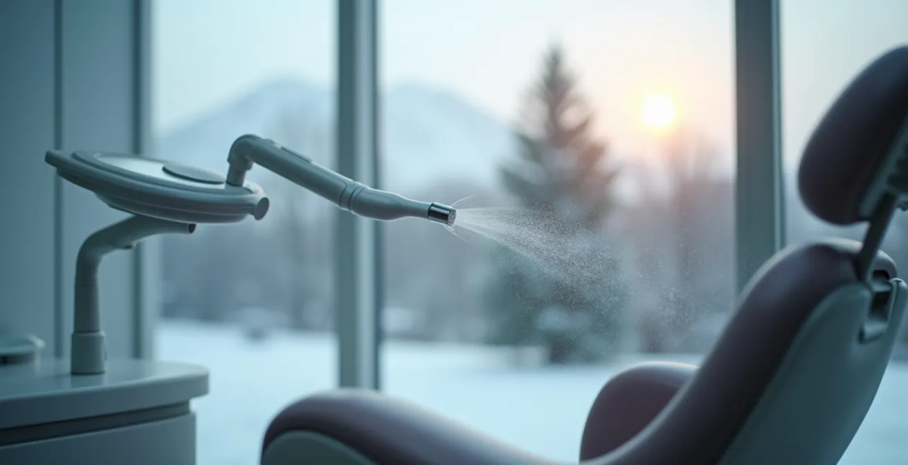 Professional dental cleaning showing ultrasonic scaler creating cavitation bubbles in a modern Montreal clinic.