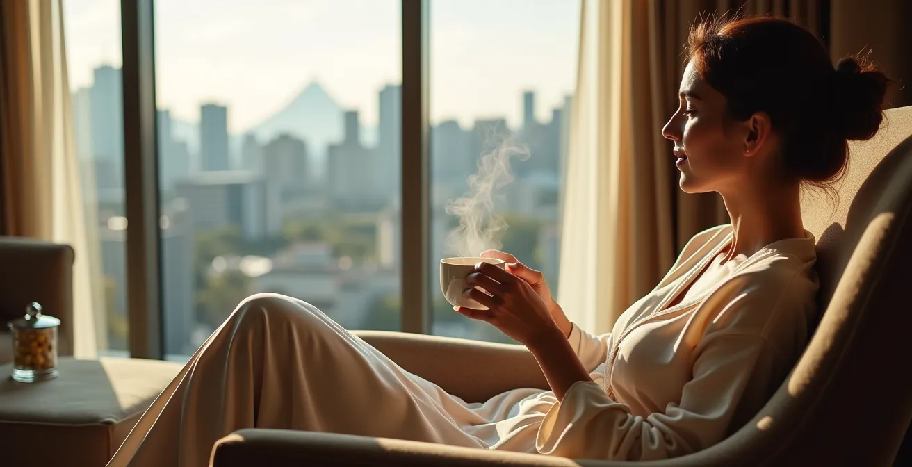 Serene luxury hotel suite with city view designed for peaceful recovery