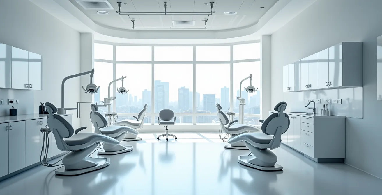 Modern dental teaching clinic environment with multiple treatment stations