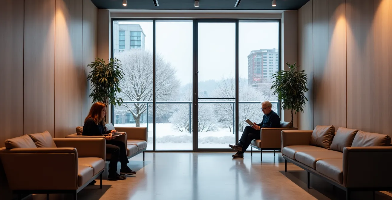 Warm, comfortable Montreal dental office interior during winter with patient relaxing