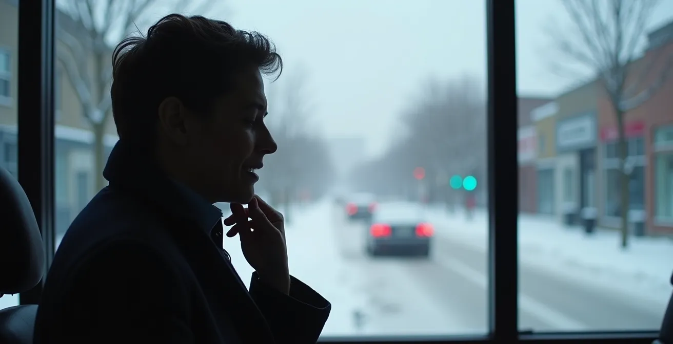 A person looking out a window at a snowy Montreal street, subtly holding their jaw, indicating tooth sensitivity to the cold.