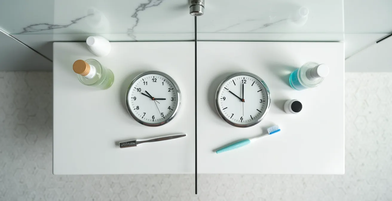 Split-screen showing correct and incorrect mouthwash timing in a Montreal dental routine setting.