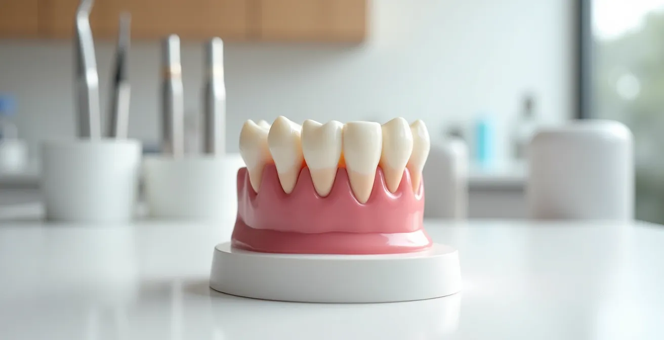 Close-up dental photograph showing healthy gum tissue and mucogingival junction anatomy
