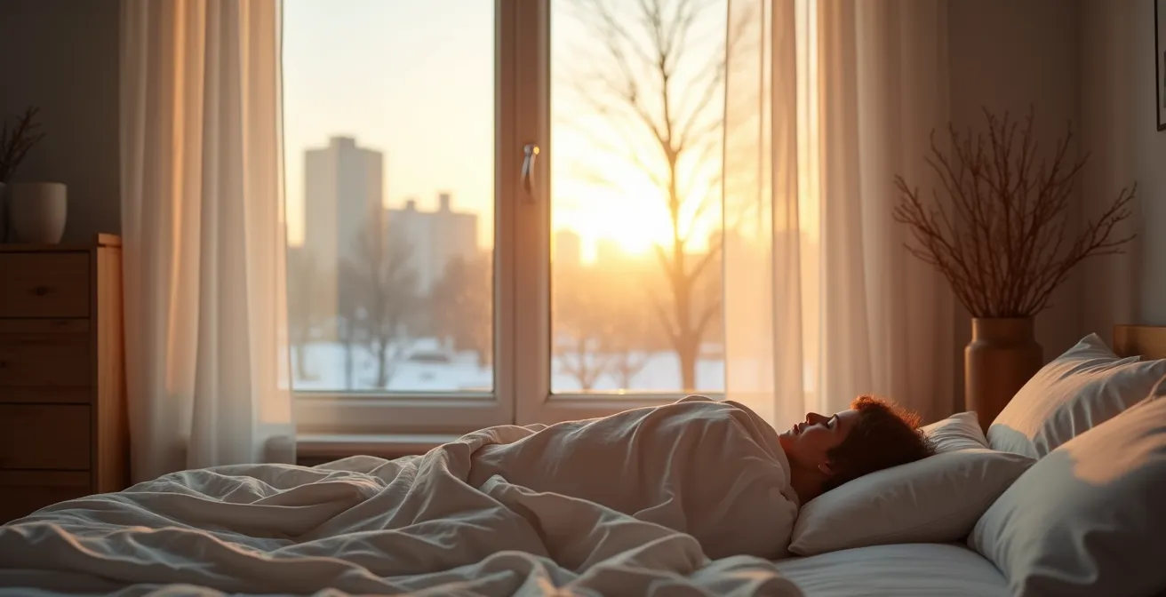 Wide angle view of peaceful bedroom at dawn with person sleeping comfortably, Montreal winter scene visible through window