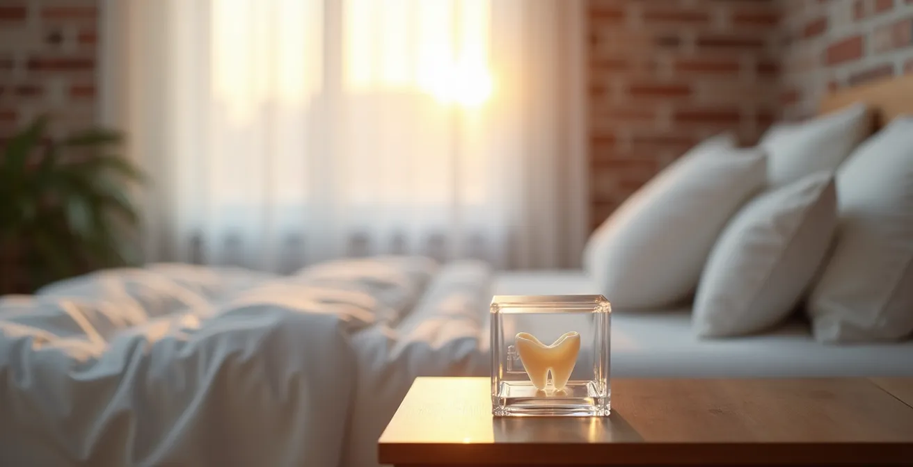 Custom-fitted dental night guard on bedside table in Montreal bedroom