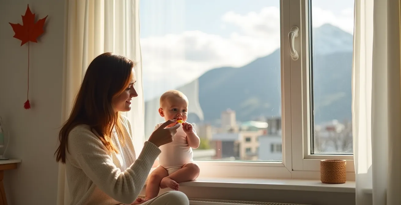 Parent gently cleaning infant's gums with silicone finger brush in soft morning light