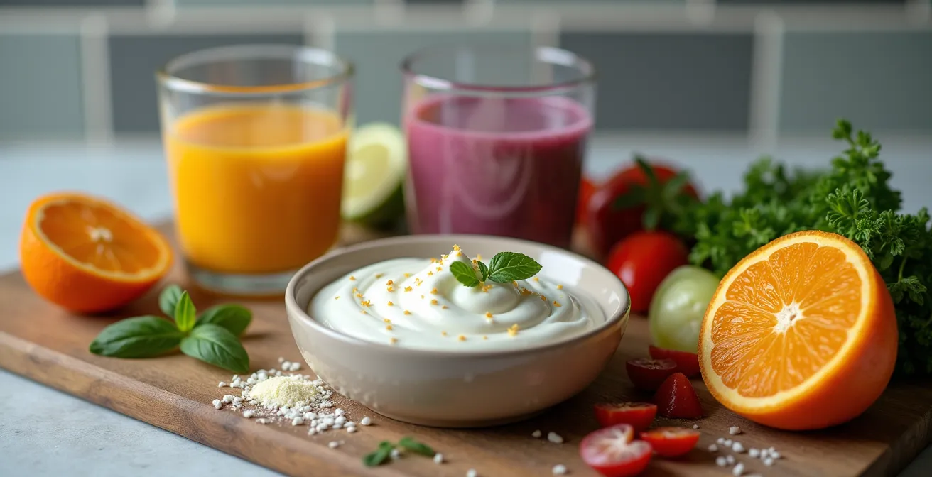 Kitchen counter with soft foods and recovery supplies for post-gum graft care