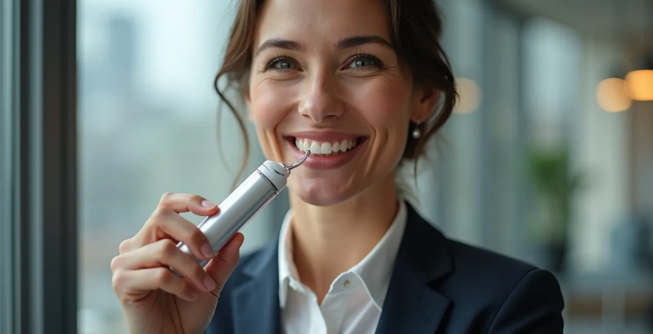 Business professional using vibration device with clear aligners in modern Montreal office