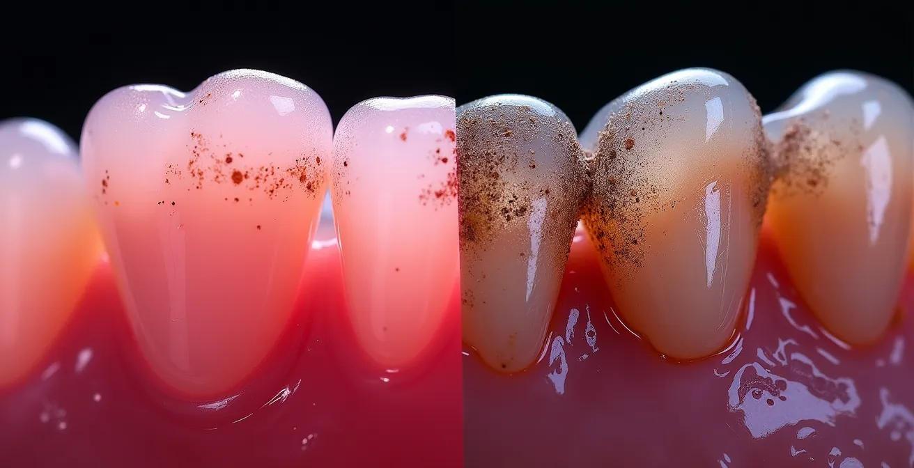 Comparison of healthy versus smoke-damaged gum tissue under a microscope
