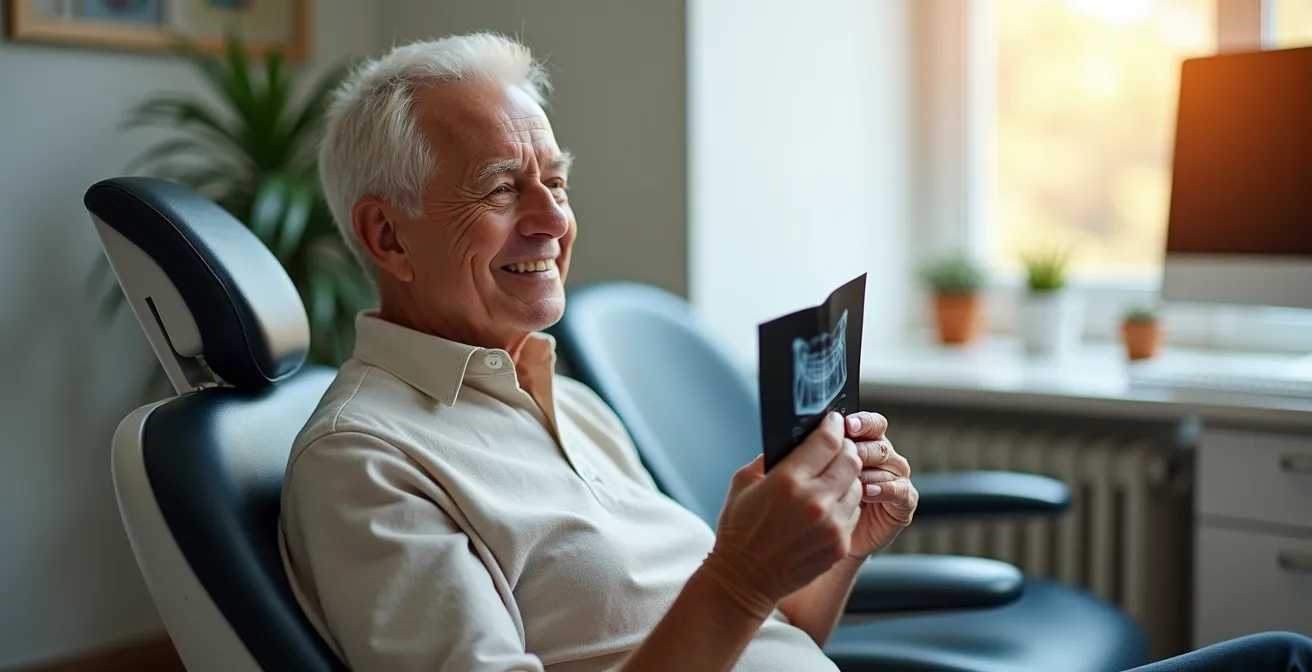 A smiling, elderly patient in consultation at a bright, modern Montreal dental office