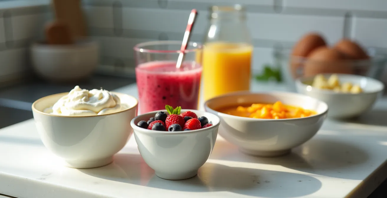 Nutritious soft foods arranged for gum graft recovery including smoothies, yogurt, and pureed soups