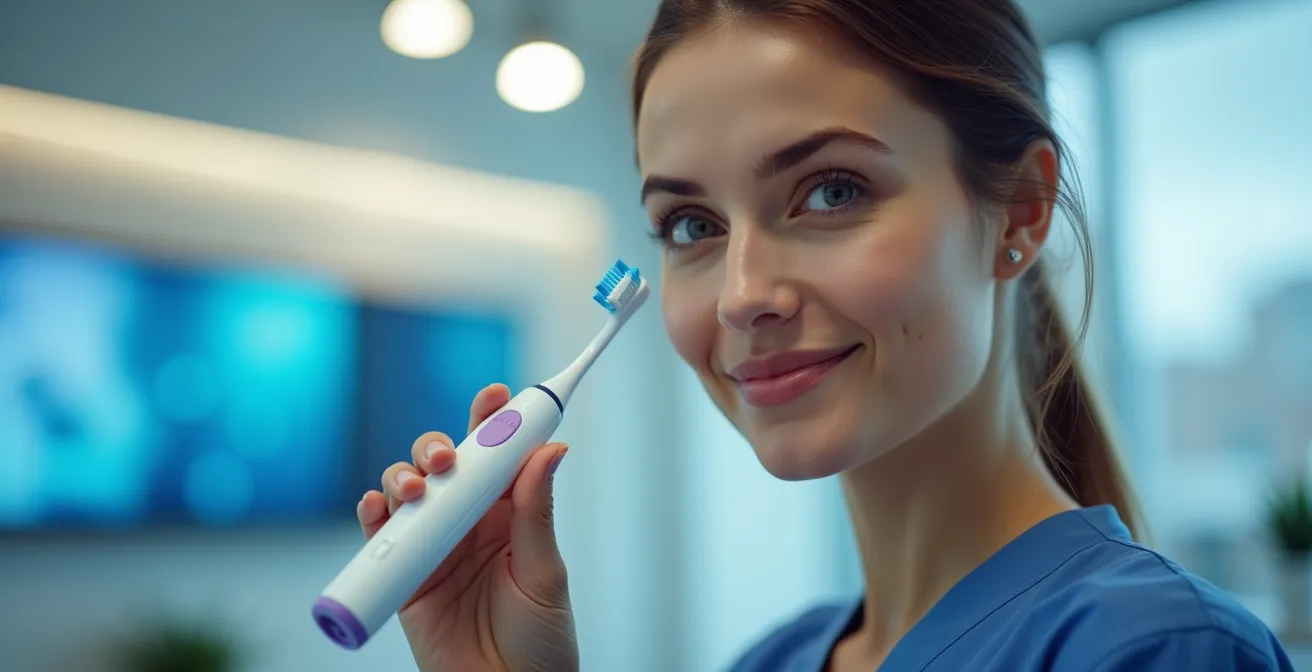 Professional demonstrating the hover and hold method with a sonic toothbrush