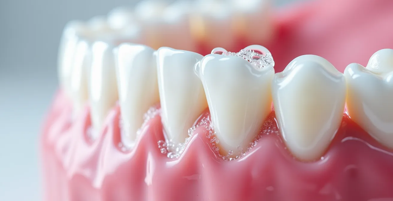 Microscopic view of sonic toothbrush fluid dynamics cleaning between teeth and along gumline