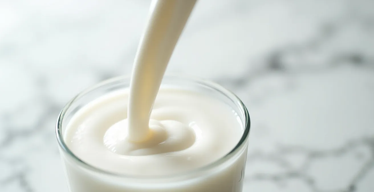 Macro shot of milk being poured into a small glass container for emergency tooth storage