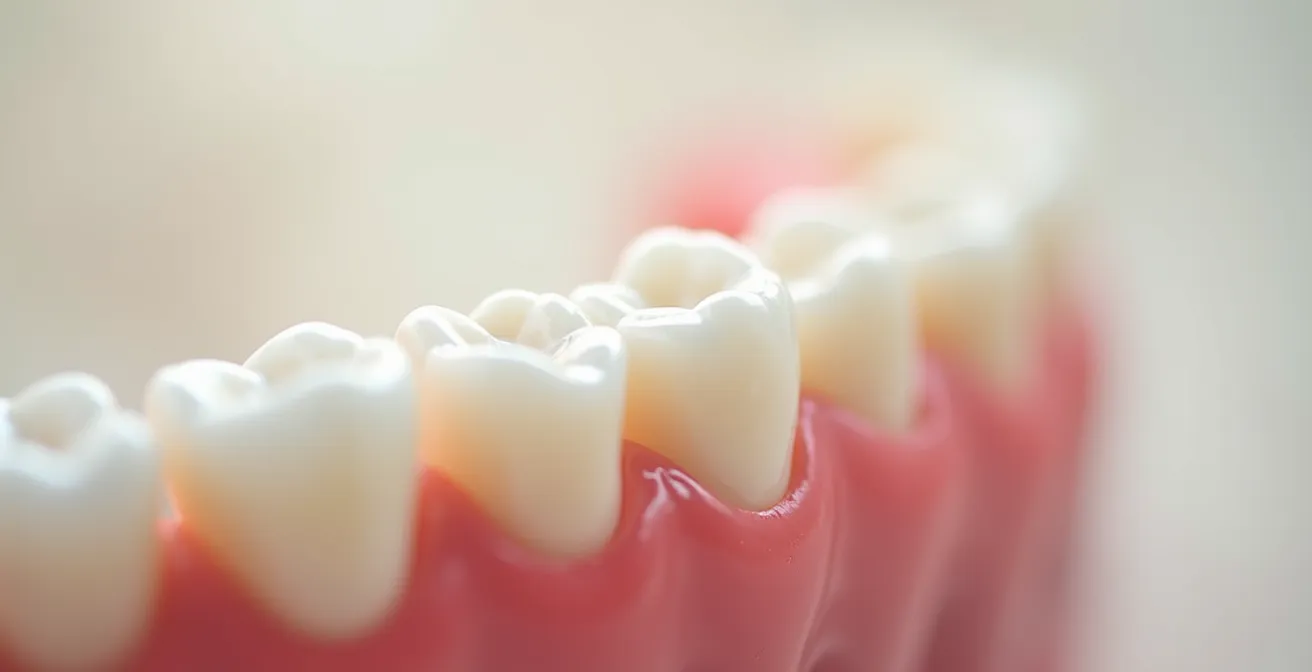Extreme close-up of dental veneer thickness on tooth model